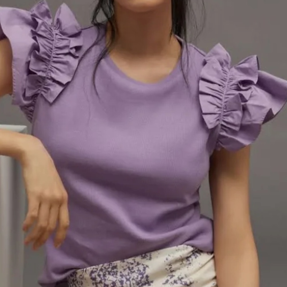 Anthropologie Ruffle Sleeve Tee Top Cotton Rib Cottagecore Women's XS Purple EUC